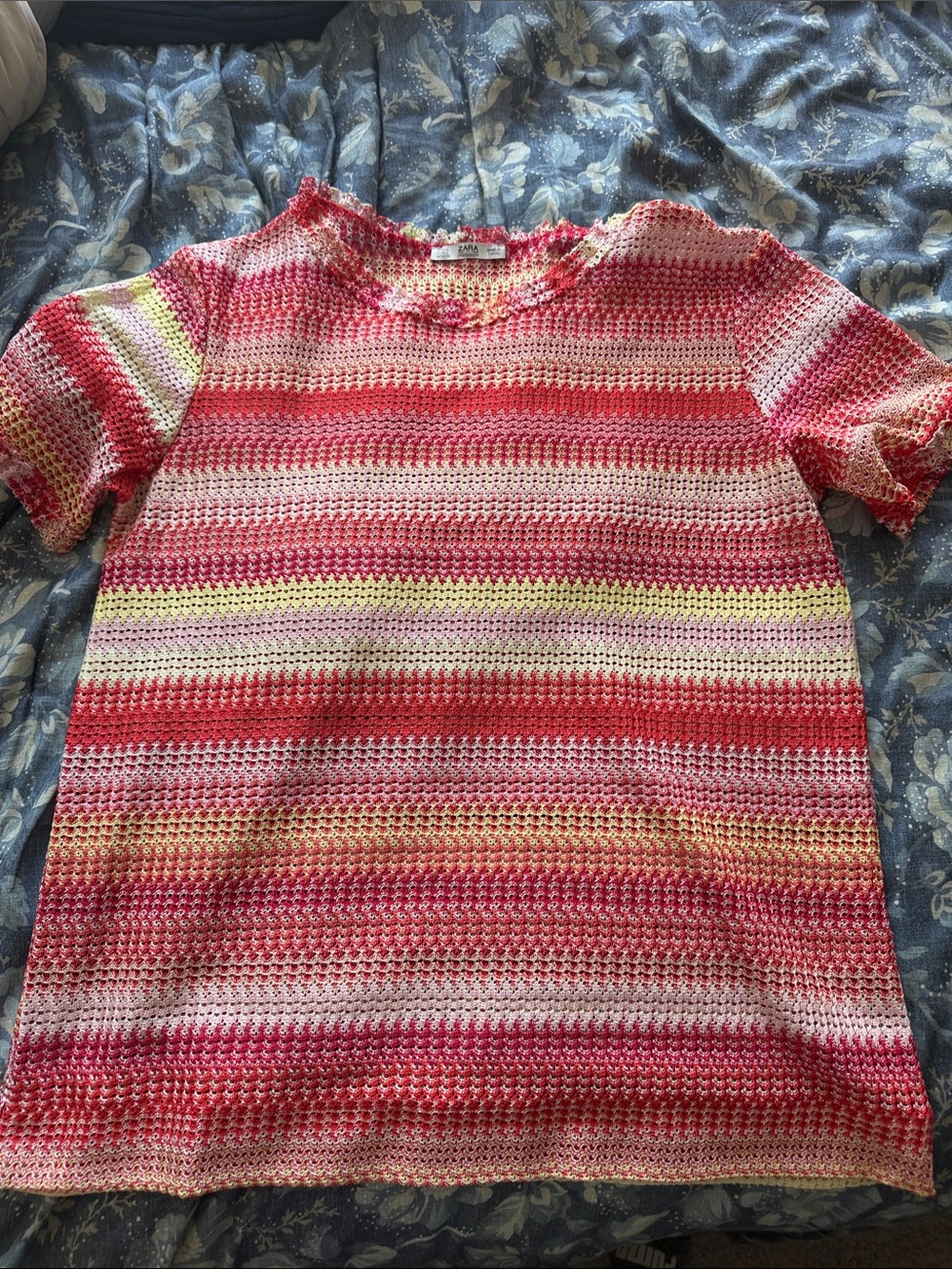 Zara Crochet Short Sleeve Stripe Top - Pink, Yellow, White